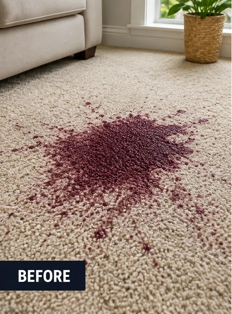 Stained residential carpet before professional carpet stain removal in Dallas Texas