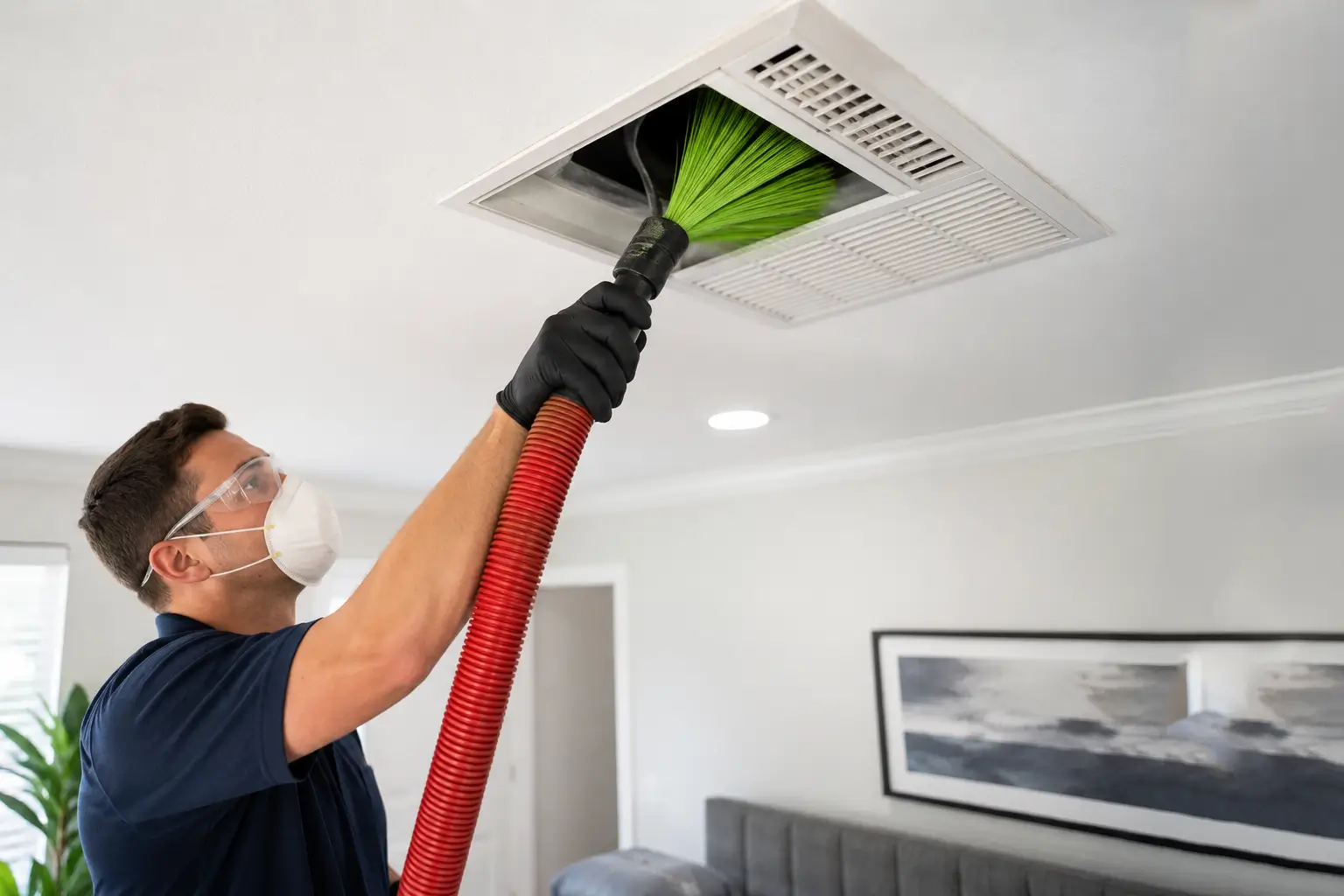 professional air vent cleaning technician cleaning a ceiling vent in Dallas Texas