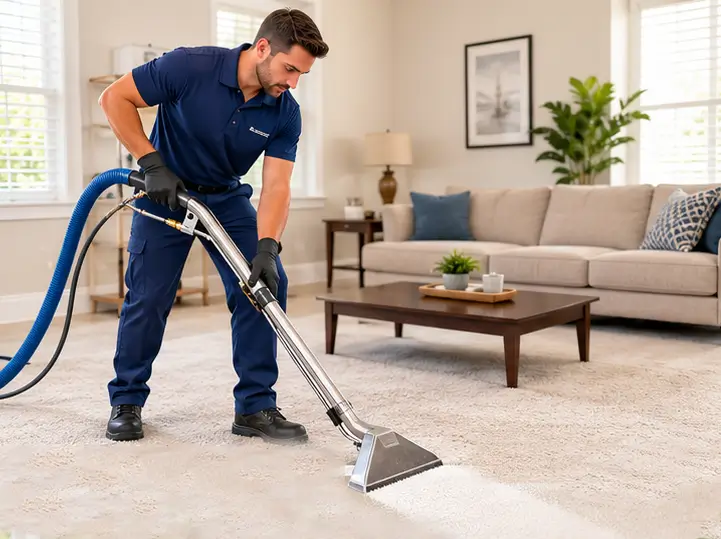 Professional technician deep cleaning residential carpet in Dallas Texas