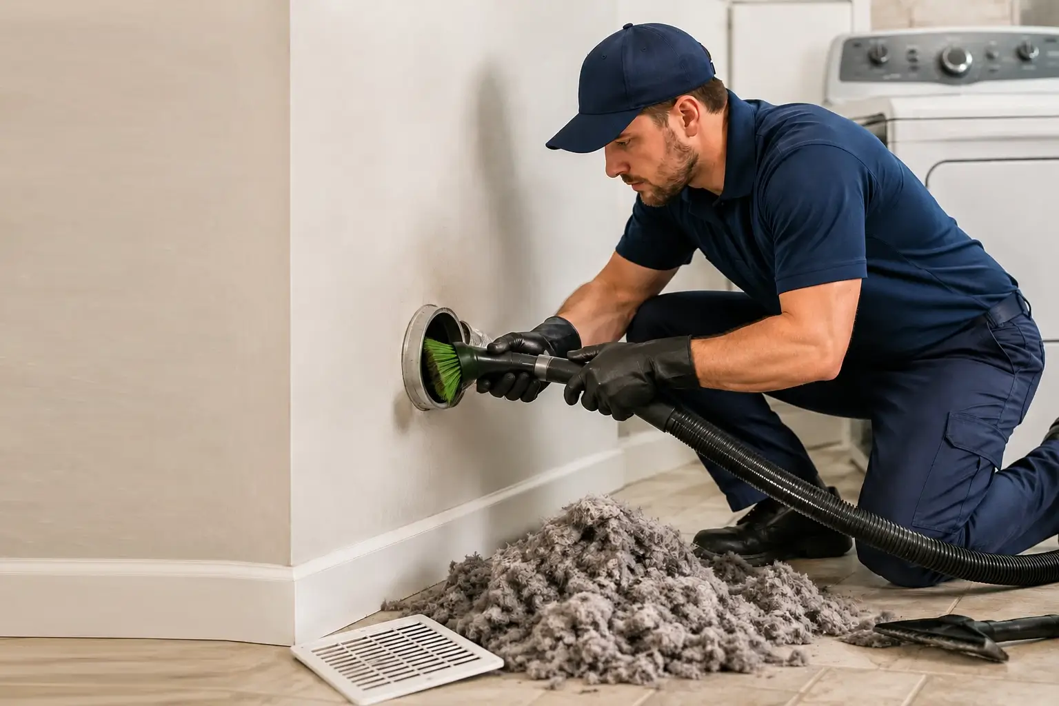 Professional dryer vent cleaning technician removing lint from a dryer exhaust vent in Dallas TX