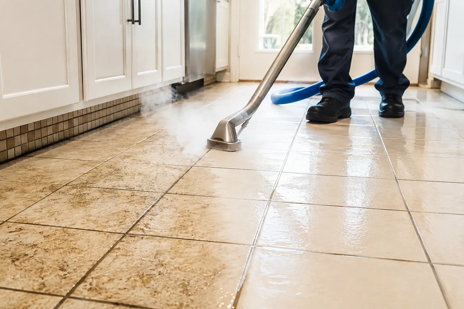 Professional tile and grout steam cleaning with commercial cleaning equipment