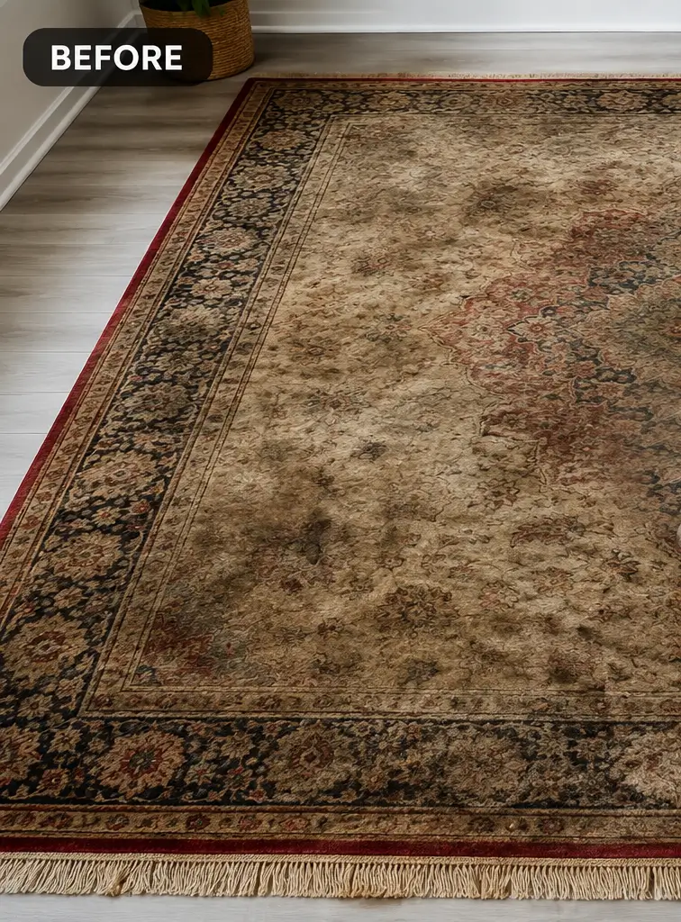 Stained residential rug before professional rug stain removal in Dallas Texas